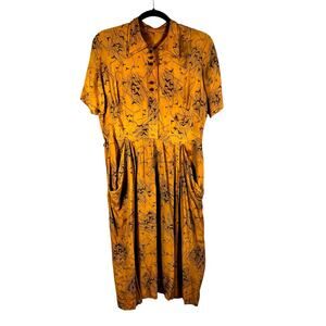 Vintage 1940s Yellow Rayon Novelty Bird Print Dress Wounded Bird Study AS IS